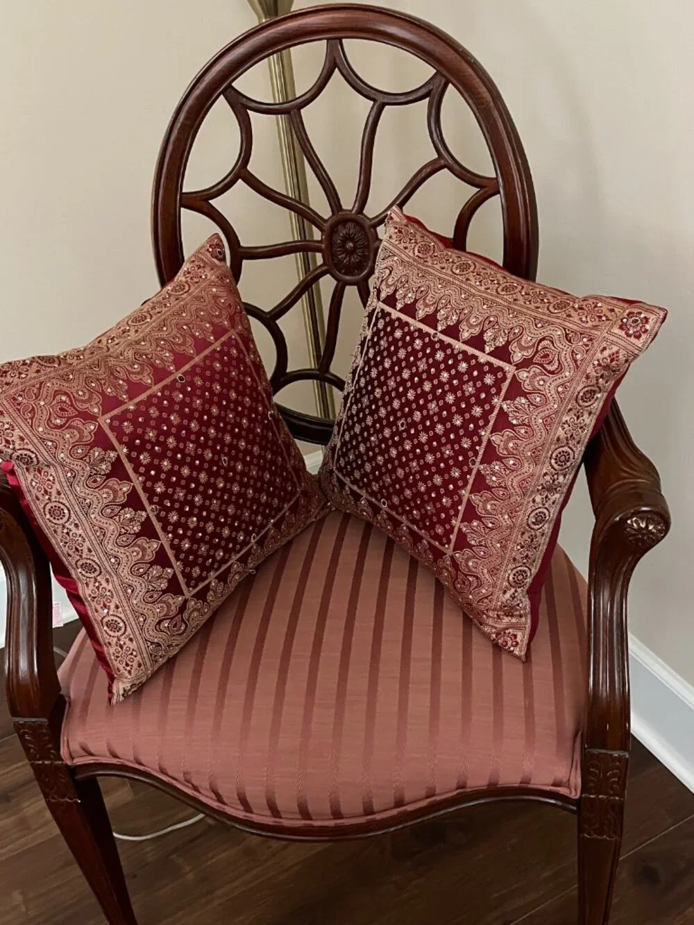 Red Beaded Throw Pillows Set of 2 Mughal Embroidered Boho Indian Bollywood Decor